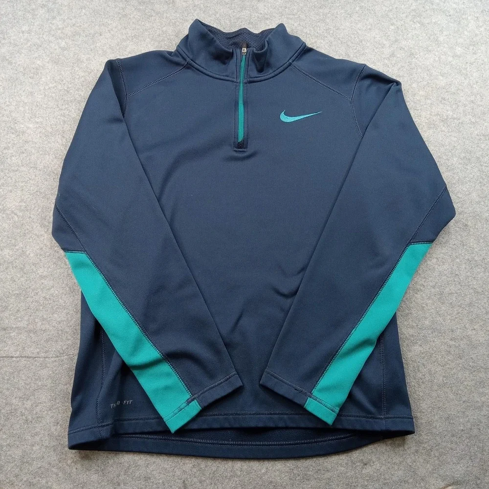 Nike Mens Medium Therma Fit Pullover Navy Teal‎ Quarter Zip Fleece Sweatshirt